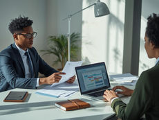 CPA reviewing tax documents with client during professional tax preparation consultation