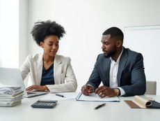 small business owner meeting with a CPA reviewing financial documents and a laptop at a desk.