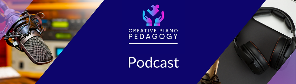 Creative Piano Pedagogy logo and a podcast microphone with headphones