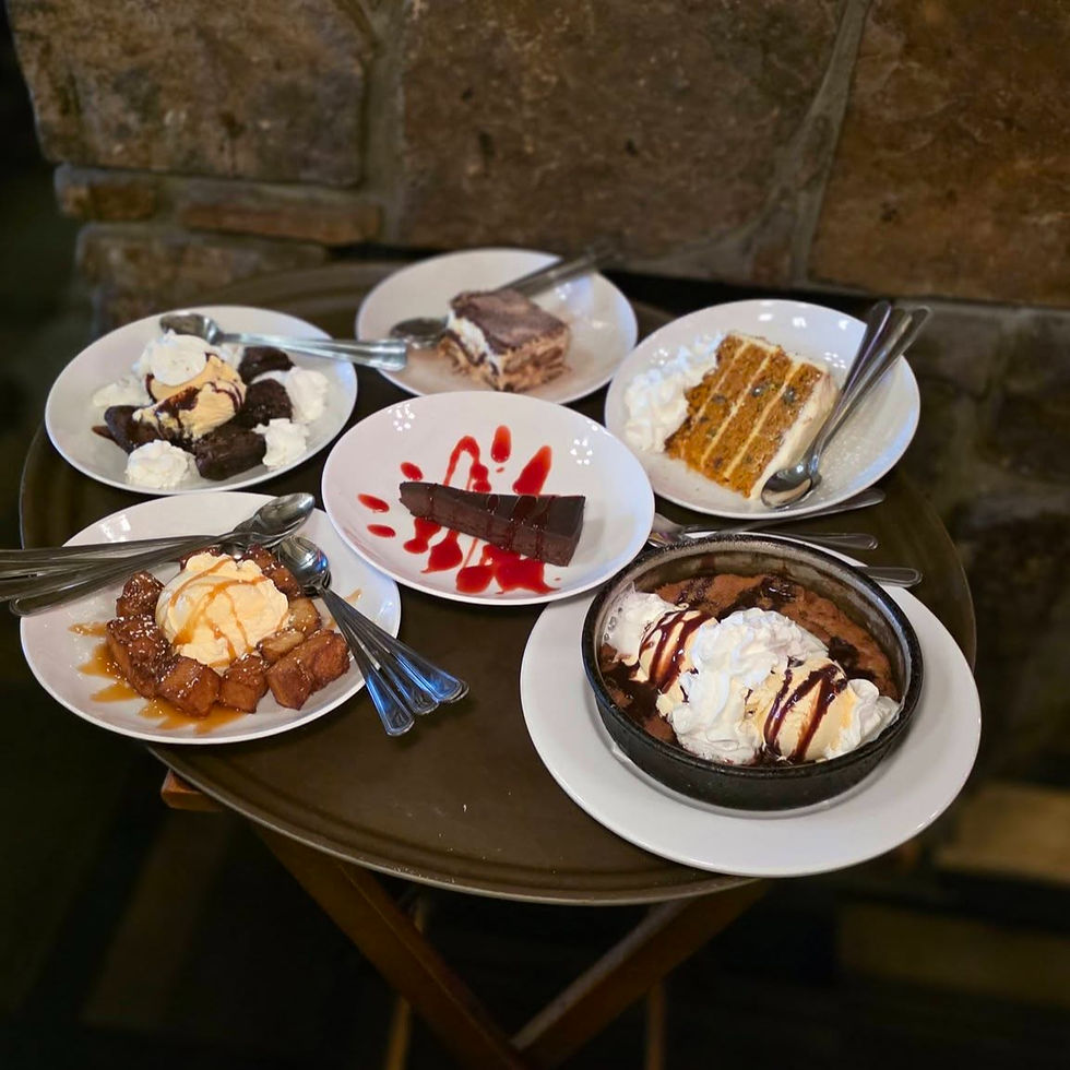 Crispy Bread Pudding Bites, Ghirardelli Brownie Sundae, Tiramisu, Four Layer Carrot Cake, UNO Deep Dish Sundae, and Chocolate Torte