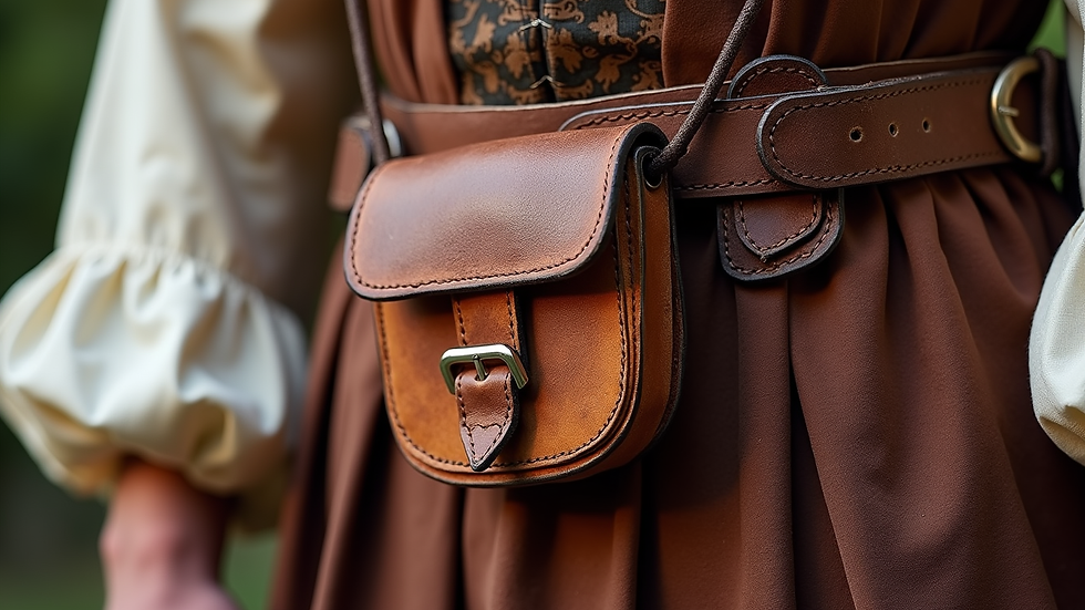 Close-up view of a leather belt and pouch on a Renaissance fair costume