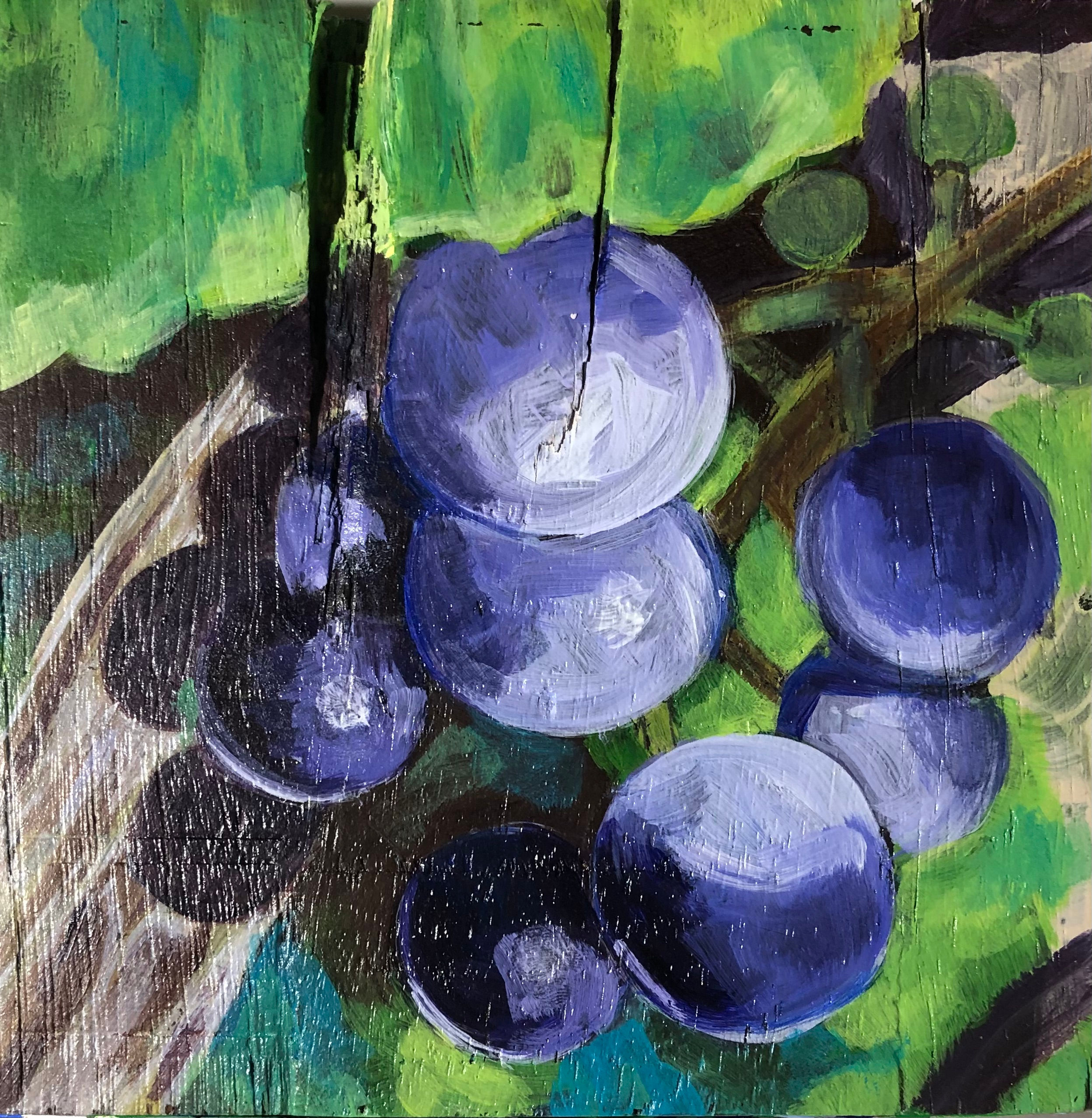 Small acrylic painting of grapes on the vine at the Finger Lakes Welcome Center in blues, purples, and greens