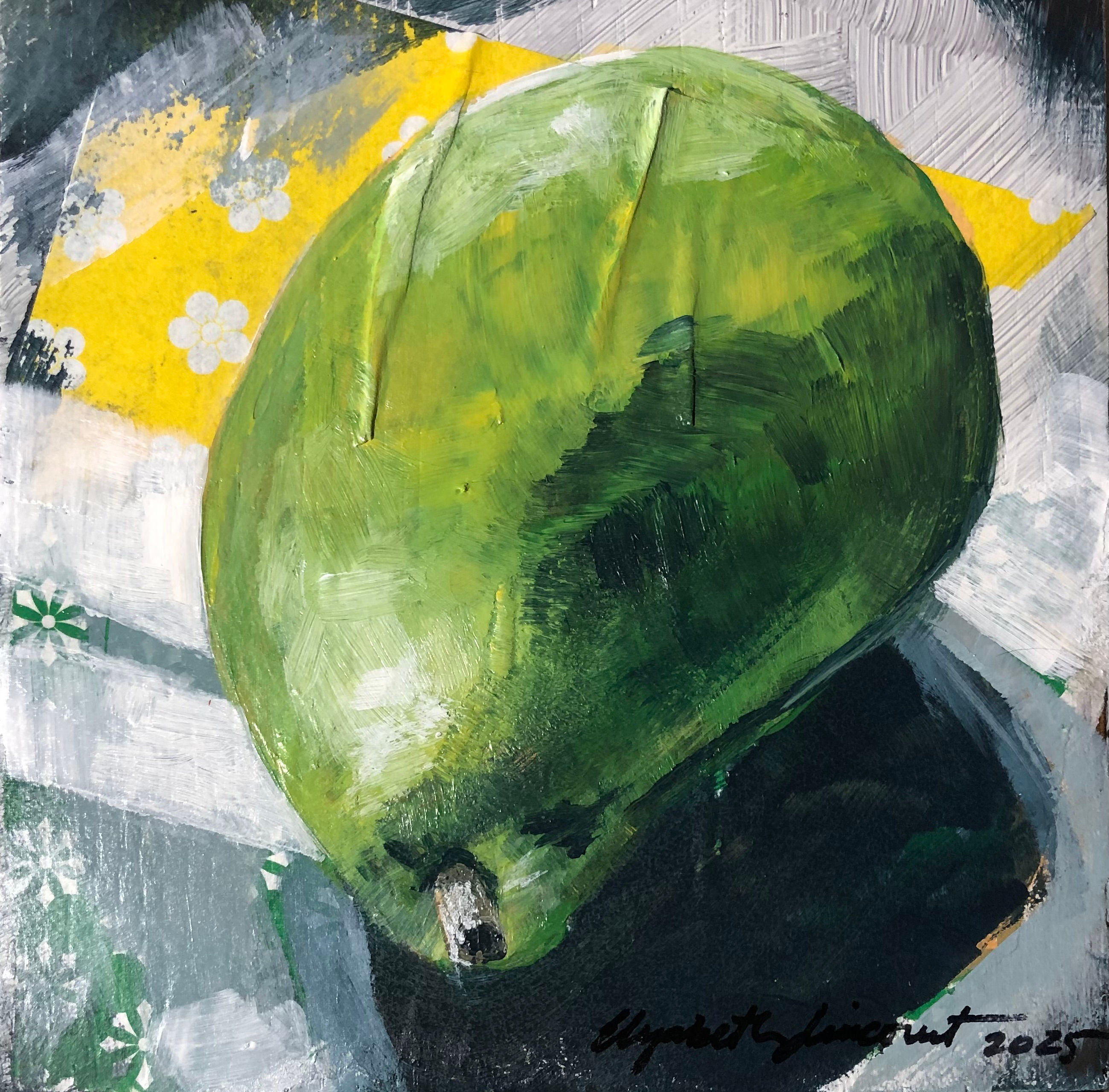 Green pear acrylic painting against a yellow and gray decoupaged background
