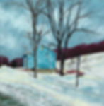 22x22 original acrylic painting of a teal barn in winter with bare trees and purple blue shadows on snow in the Finger Lakes