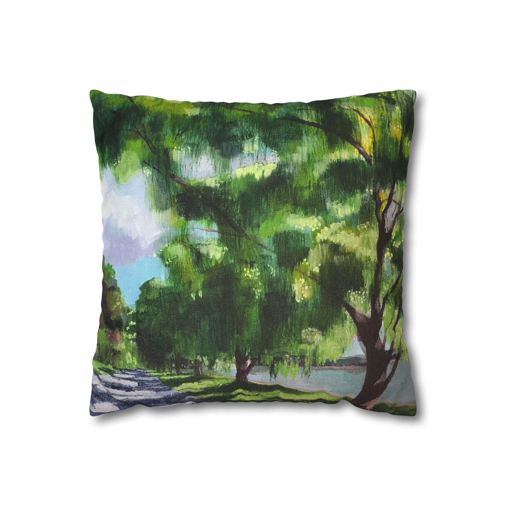 Seneca Lake Path, Acrylic Painting, Square Pillowcase