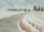 9x12 original watercolor painting of a winter field with a winding country road and distant barn in the Finger Lakes of New Y