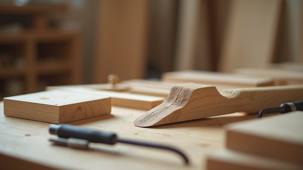 Close-up view of furniture parts and tools laid out for assembly