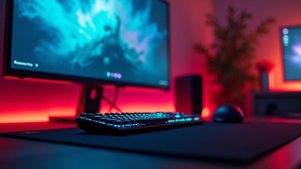 Eye-level view of a modern gaming setup featuring a high-resolution monitor and gaming peripherals