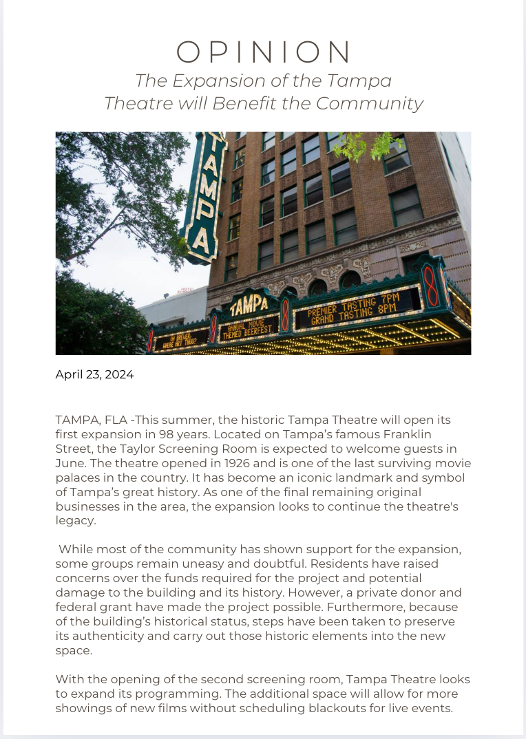 Op-ed for Tampa Theatre Media Kit (Page 1)