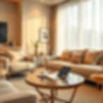 “A cozy modern living room interior with soft natural lighting, warm beige tones, and eleg