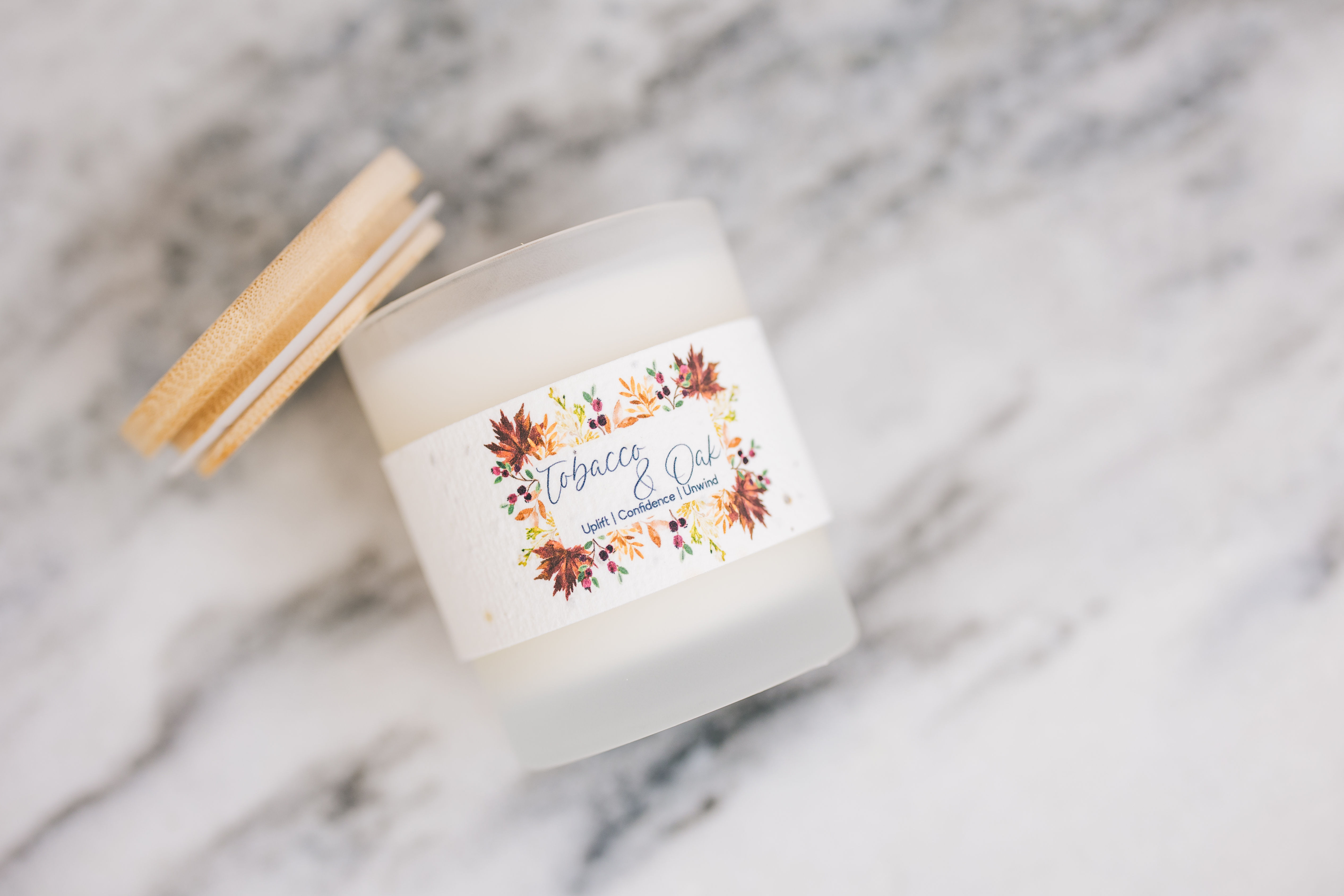 Tobacco and oak soy wax, crackling wood wick candle, plantable label