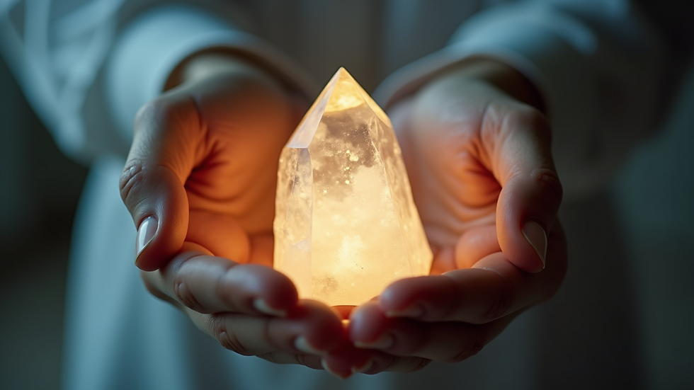 Close-up view of hands gently hovering over a crystal emitting soft light