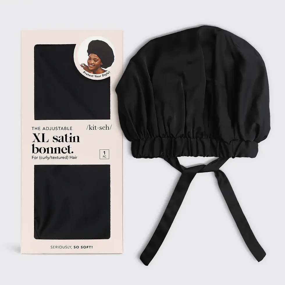 Flat lay of Kitsch XL adjustable bonnet next to packaging