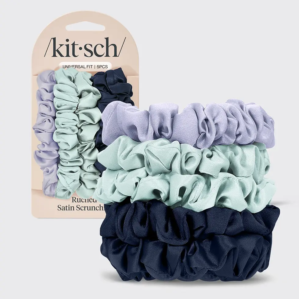 Kitsch ruched satin scrunchies in Garden Bouquet colours shown with packaging in background