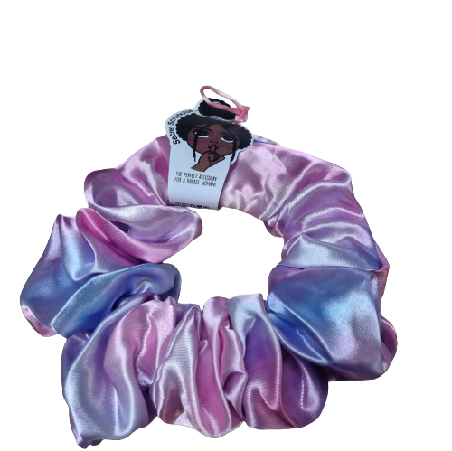A tie dye, pastel coloured satin scrunchie for curly hair with a secret compartment for storing money, lip balm and more.png