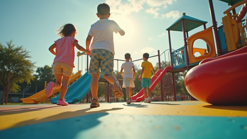 Eye-level view of a colorful outdoor playground with children playing