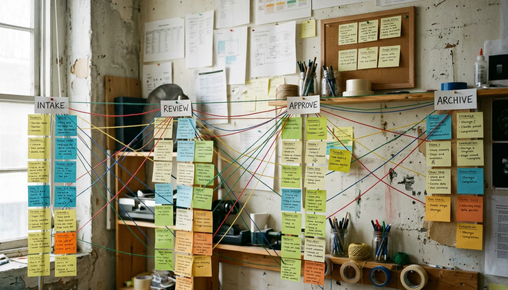 Wide-angle view of a workshop wall covered with sticky notes and colored string.