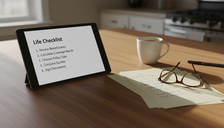 Close-up view of a tablet showing a simple insurance checklist beside handwritten notes