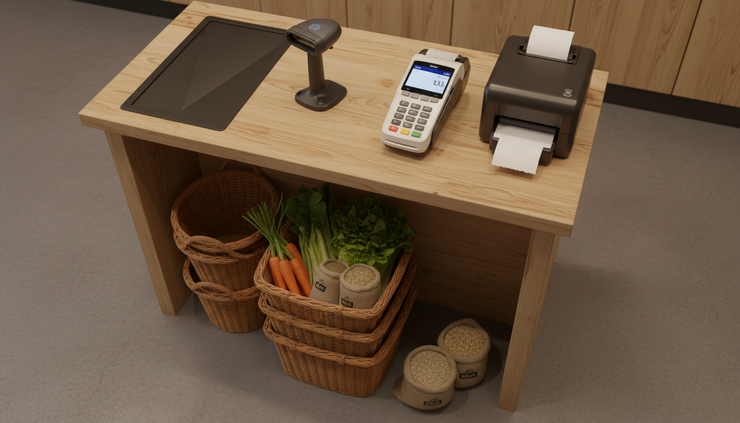 Overhead view of a small checkout area with a scanner, payment terminal, and organized shopping baskets.