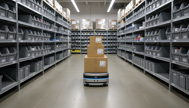 Eye-level view of a compact robot cart carrying boxes through a retail stockroom.