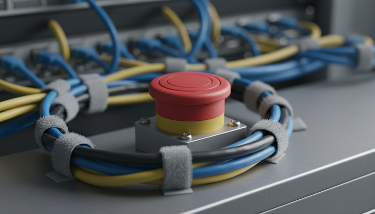Close-up view of a red emergency stop button beside a tangle of network cables.