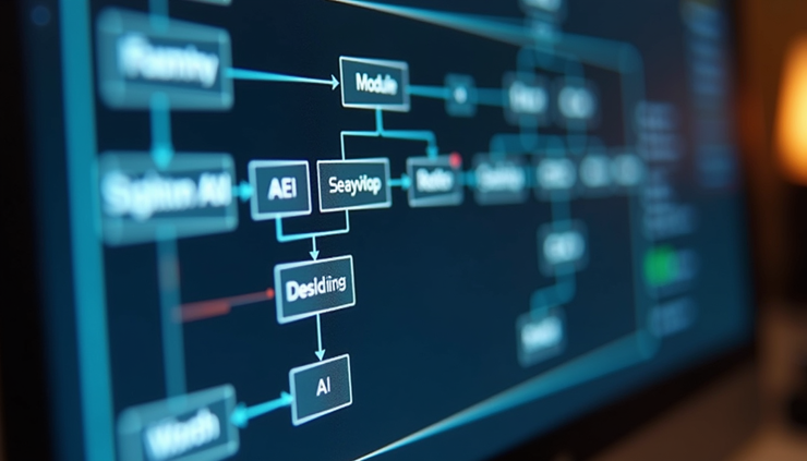 Eye-level view of a computer screen showing a Claude AI workflow with multiple connected modules