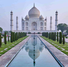 Taj Mahal, India, white marble mausoleum reflecting in the water, beautiful architecture, landscape.