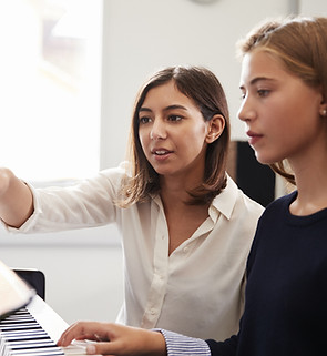 Docent en leerling bij pianolessen