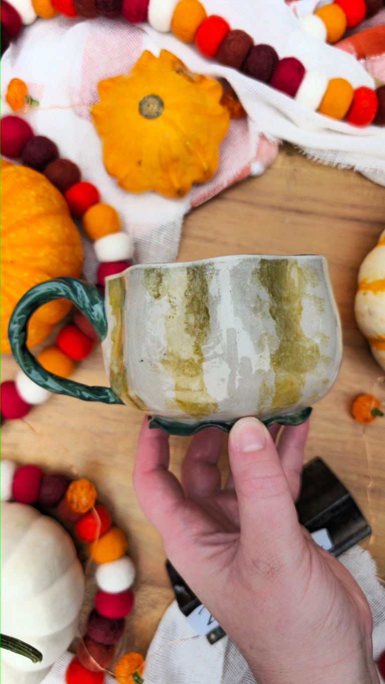 Thumbnail: Yellow and Light Orange Pumpkin Mug with Vine handle and Black Interior #2231