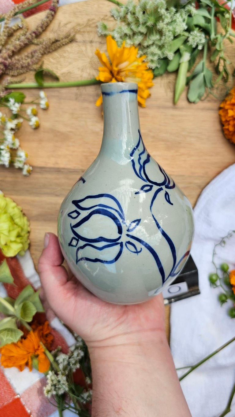 Thumbnail: Cobalt Painted Floral Bottle with Celadon Glaze #2160