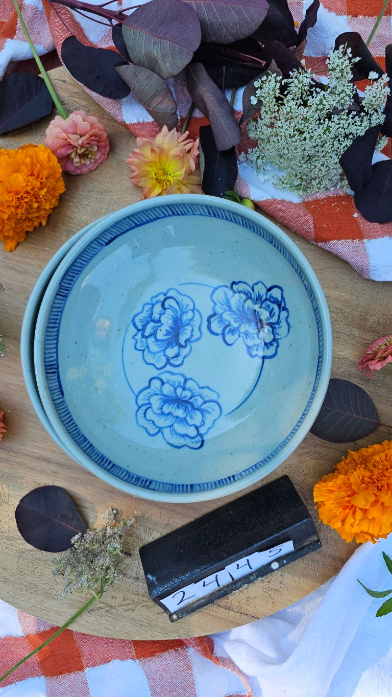 Set of two Stacking Blue Celadon Floral Low Bowl with Banded Stripes #2445