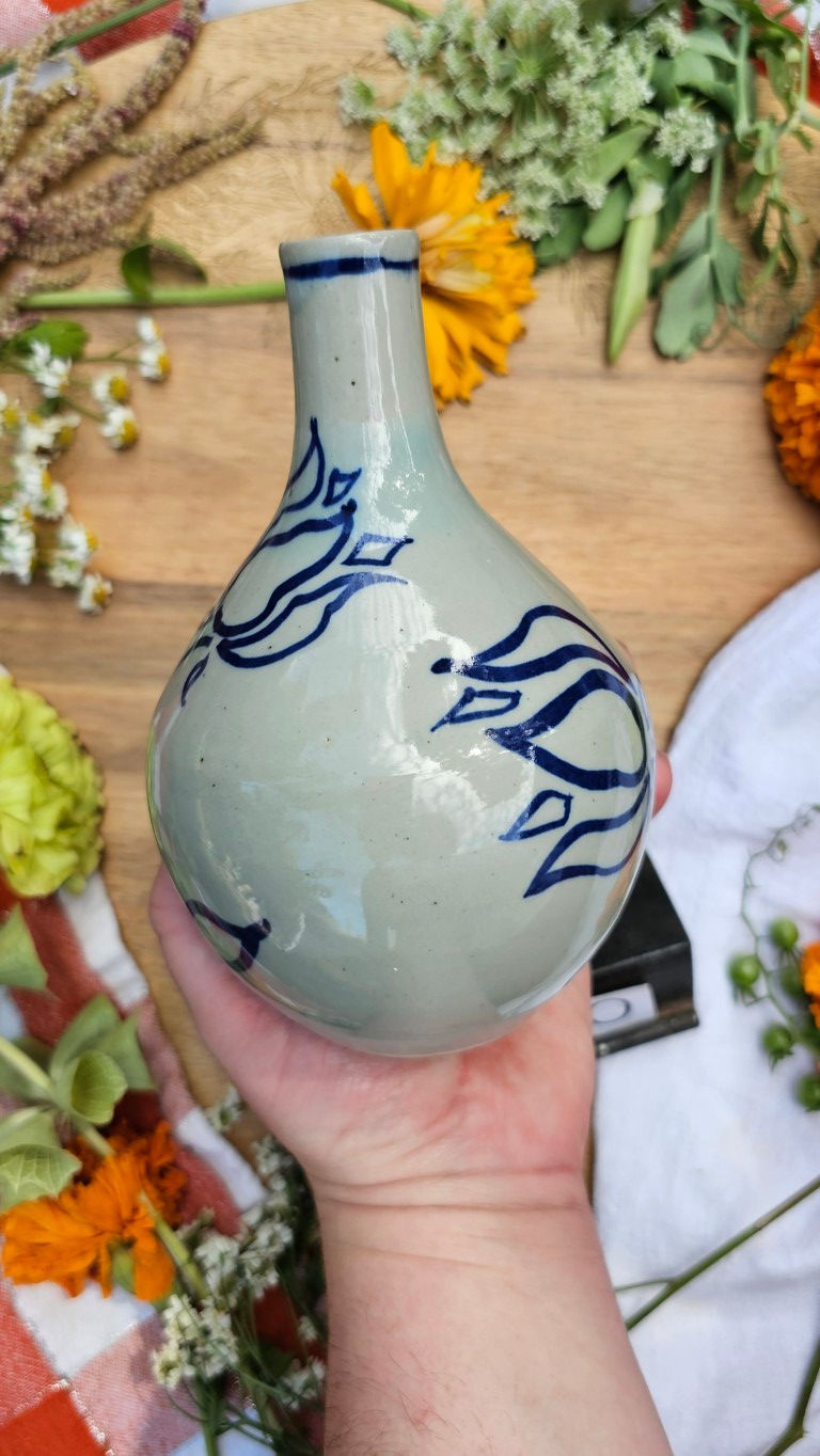 Thumbnail: Cobalt Painted Floral Bottle with Celadon Glaze #2160