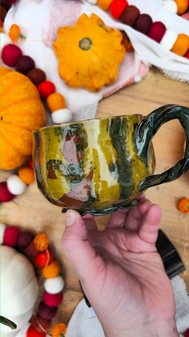 Thumbnail: Yellow and Green Jack O'Lantern Pumpkin Mug With Vine Handle #2226