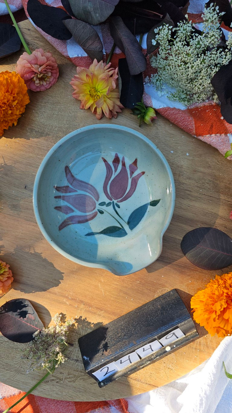 Pink an Red Tulip Spoon Rest with Celadon Glaze #2449