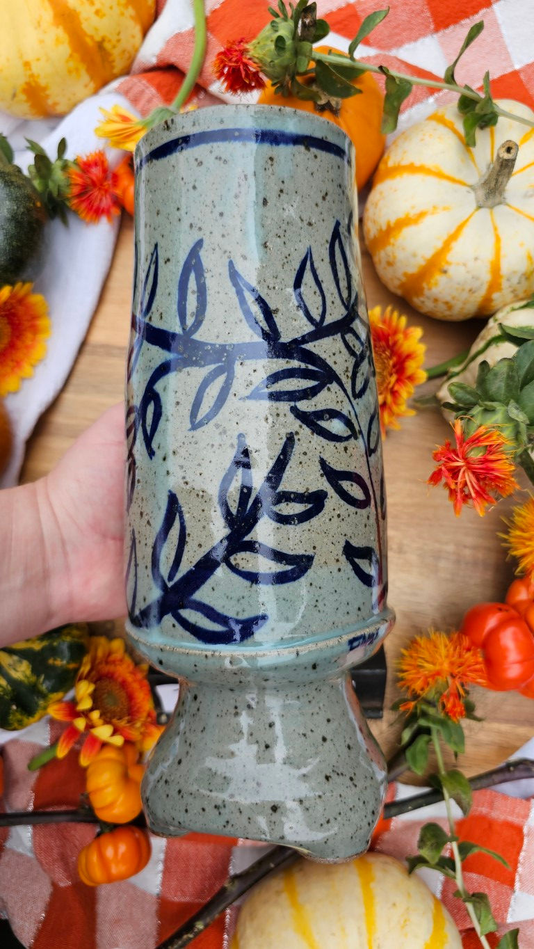 Thumbnail: Cobalt Leaf Decorated Collaboration Vase with Almond Ave Pottery #1934