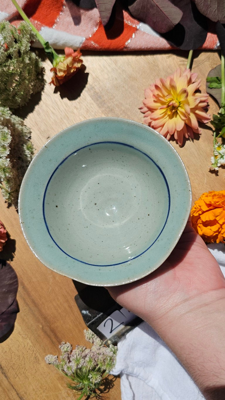 Thumbnail: Banded Celadon Bowl with Wavy Rim and Altered Foot #2488