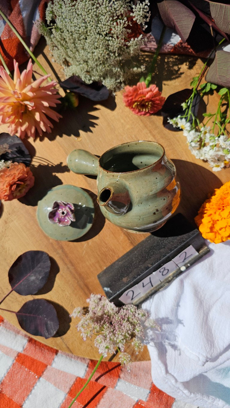 Thumbnail: Green Flower Side Handle Teapot #2482