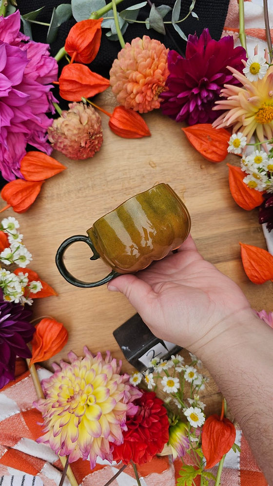Small Orange Pumpkin Mug with Celadon Glaze #2672 | Now What?! Pottery