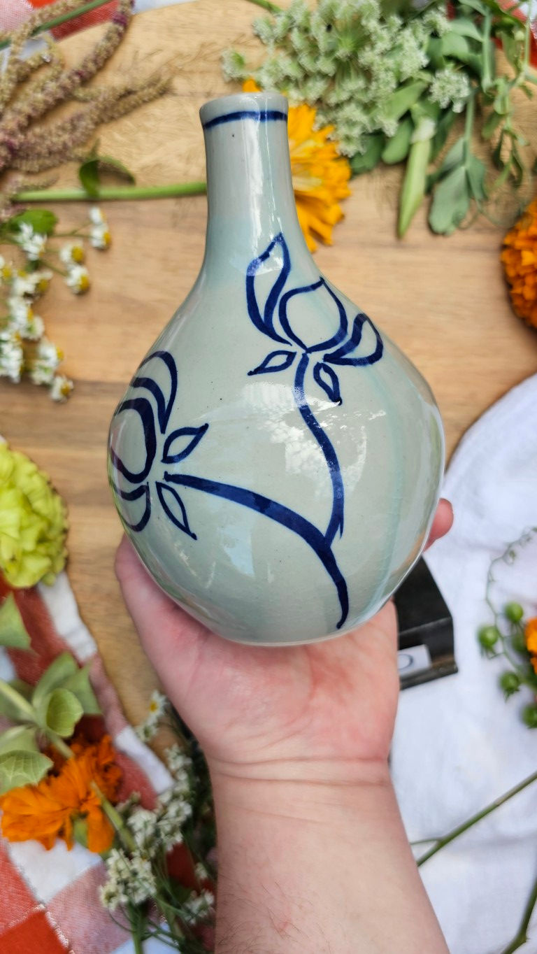 Thumbnail: Cobalt Painted Floral Bottle with Celadon Glaze #2160