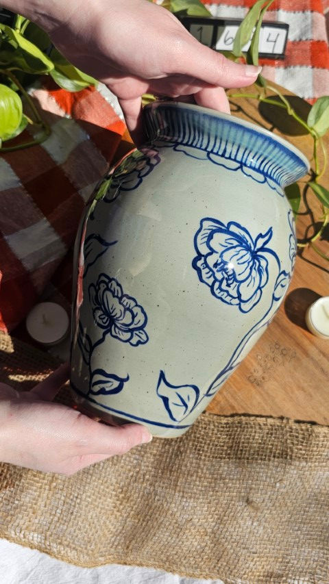 Thumbnail: Blue Celadon Floral Cobalt Painted Vase #1694