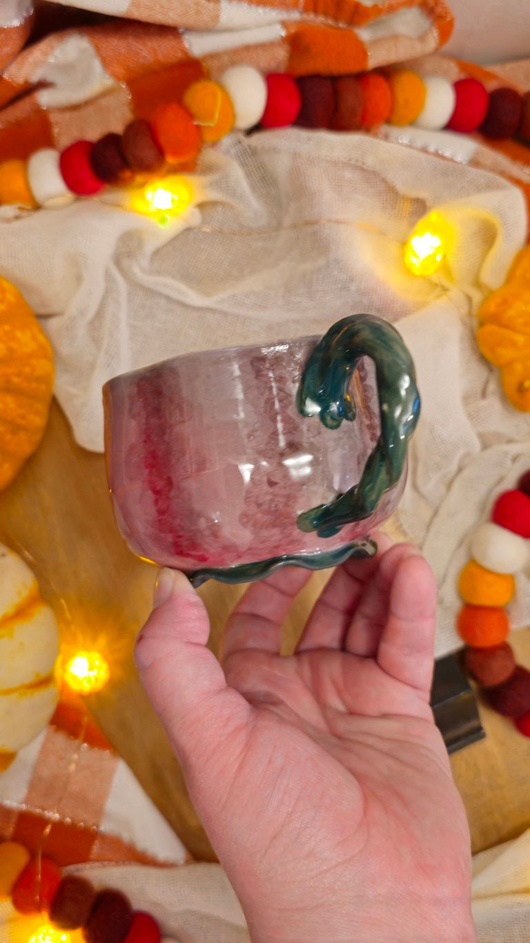 Thumbnail: Pink Pumpkin Mug with Vine handle and Black interior #2235