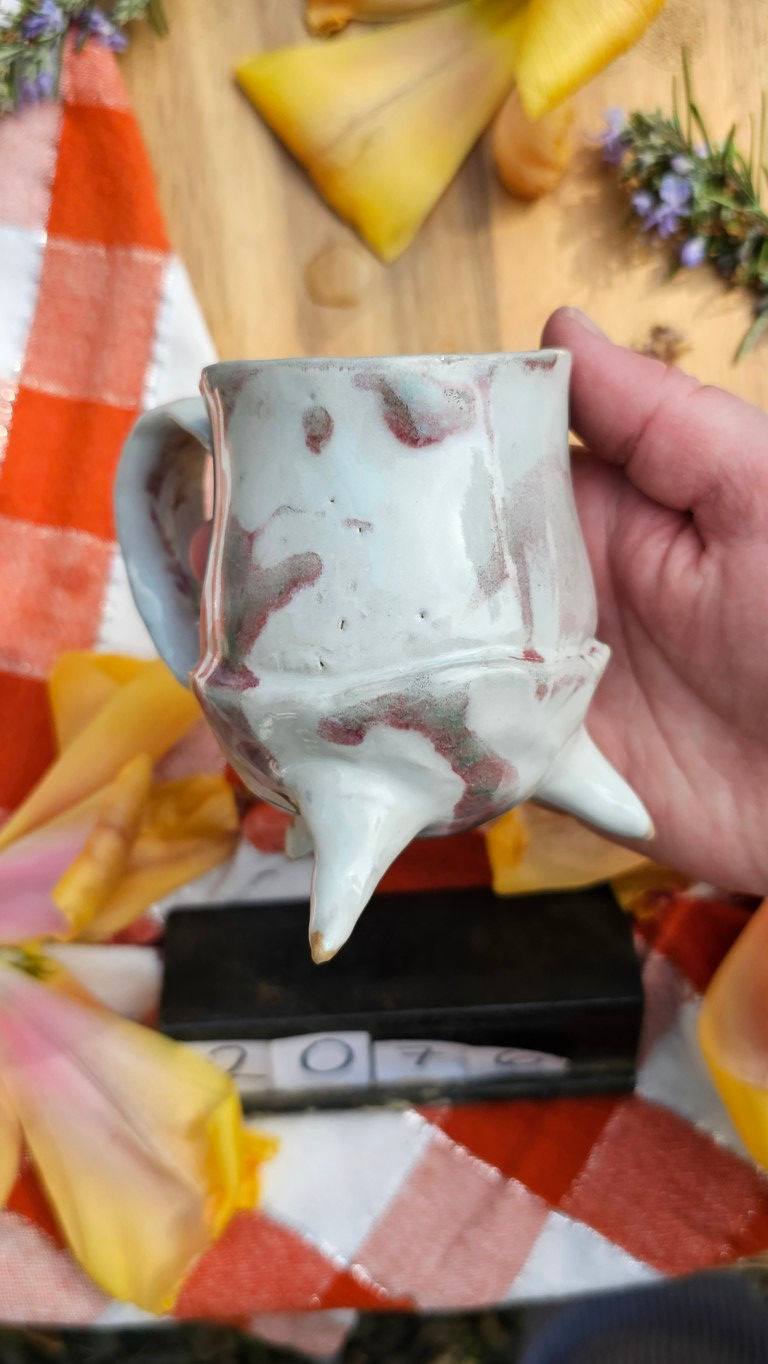 Thumbnail: White Worry Mug with Pink to Green Splash and Tripod Feet #2076