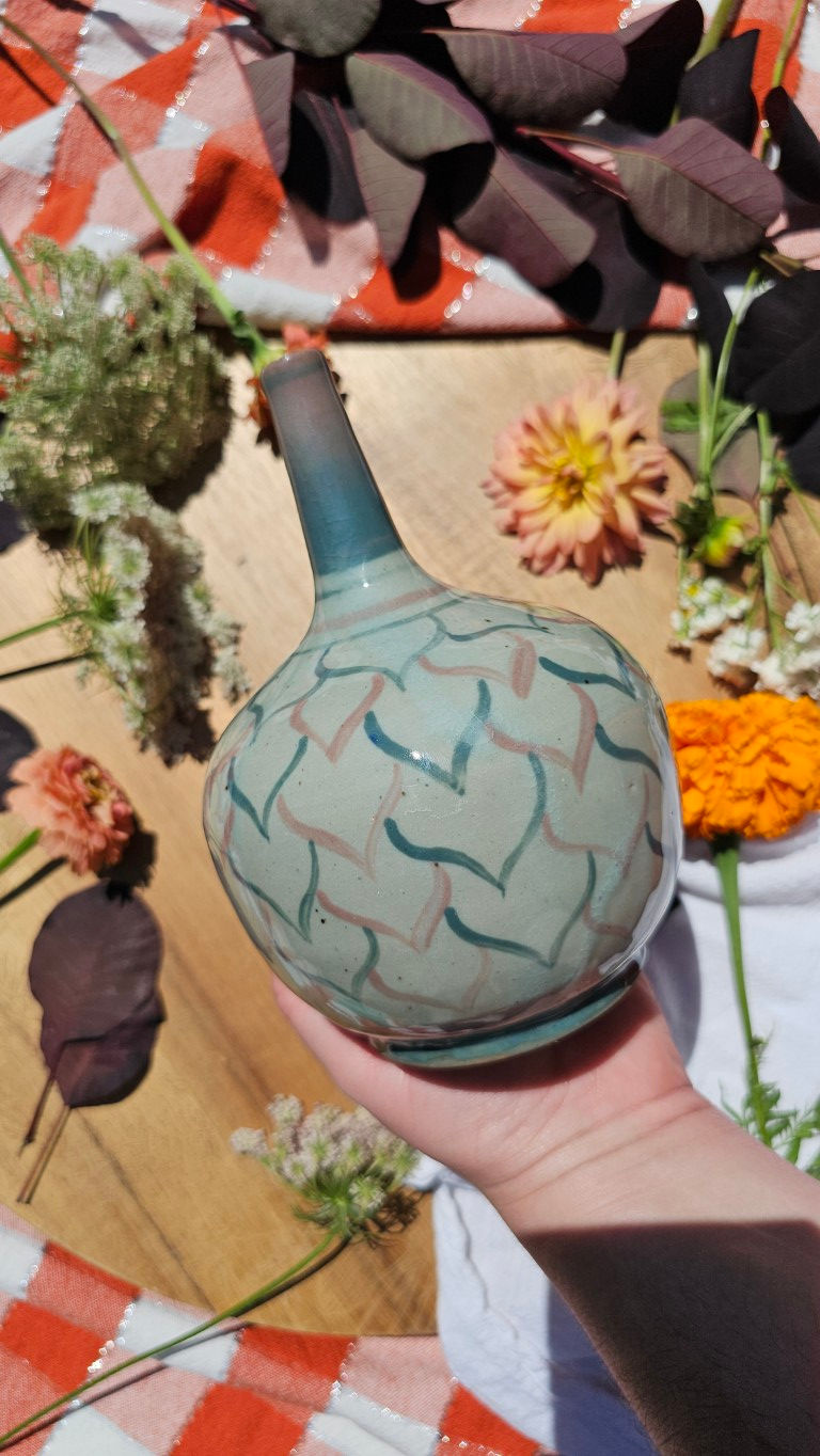 Thumbnail: Pink and Blue Floral Scale Bottle with Pink to Blue Neck #2504