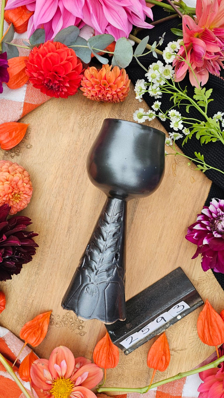 Bat and Graveyard carved Black Goblet #2593
