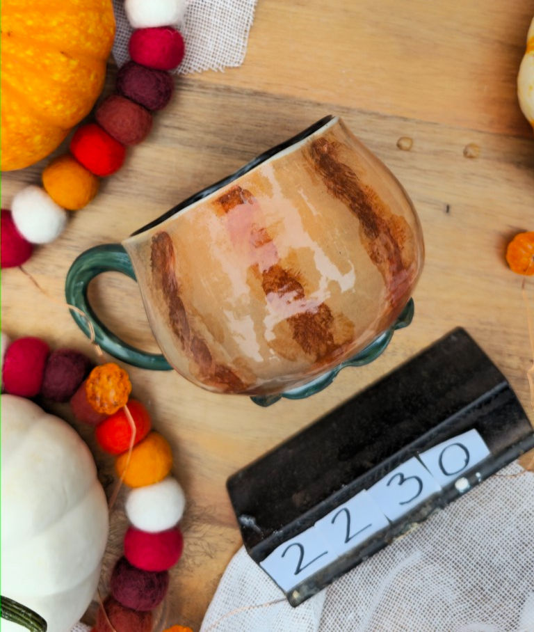 Orange Cream Stippled Pumpkin Mug with Vine handle and Black interior #2230