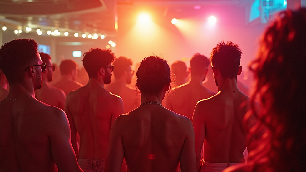 Eye-level view of a vibrant LGBT cruise party on deck