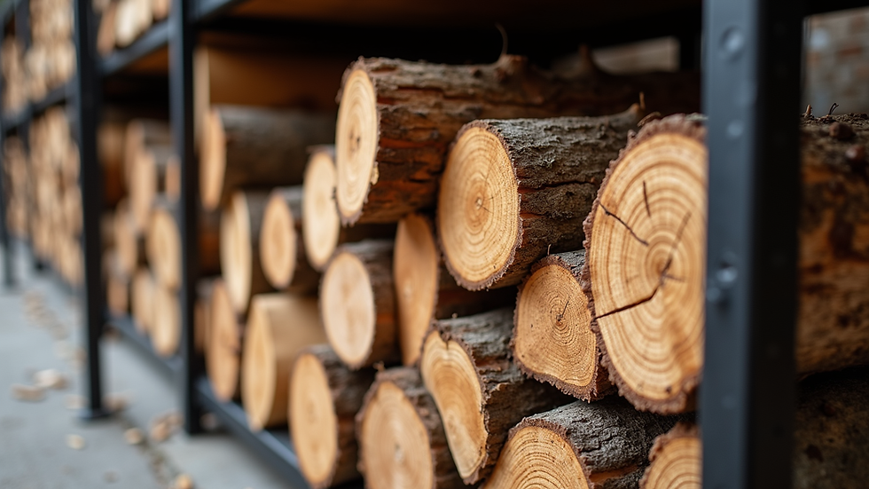 Close-up of custom firewood rack filled with seasoned oak logs