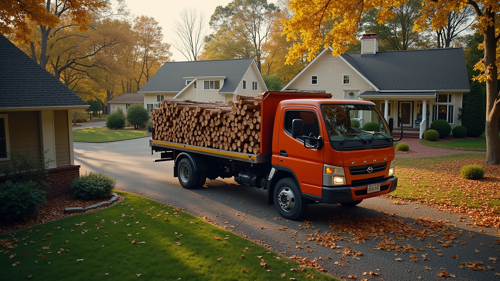 High angle view of Firewood Guys delivery truck unloading firewood at a residential property