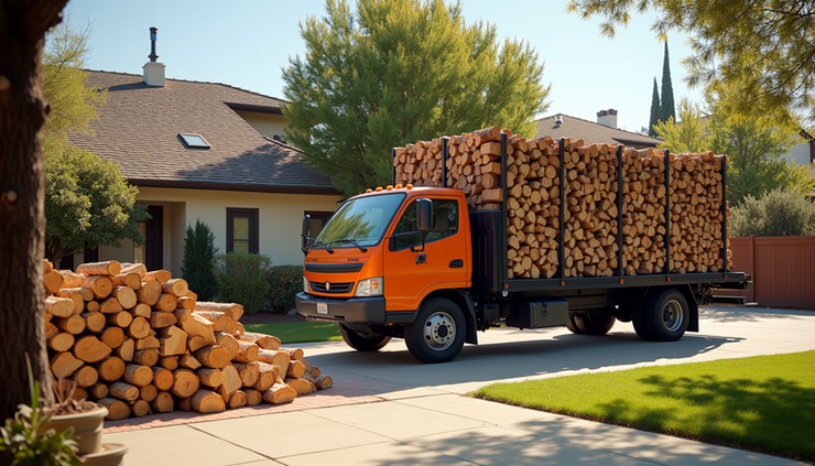 Eye-level view of stacked seasoned firewood ready for delivery in a Simi Valley backyard
