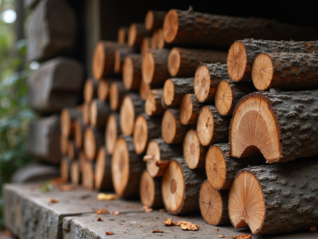 A large stack of seasoned oak logs ready for delivery.